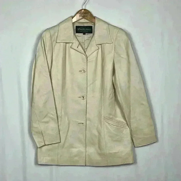 Overland Leather Jacket Womens Cream 6 Fully Lined 4 Button Closure Chic Gorg - Picture 1 of 10